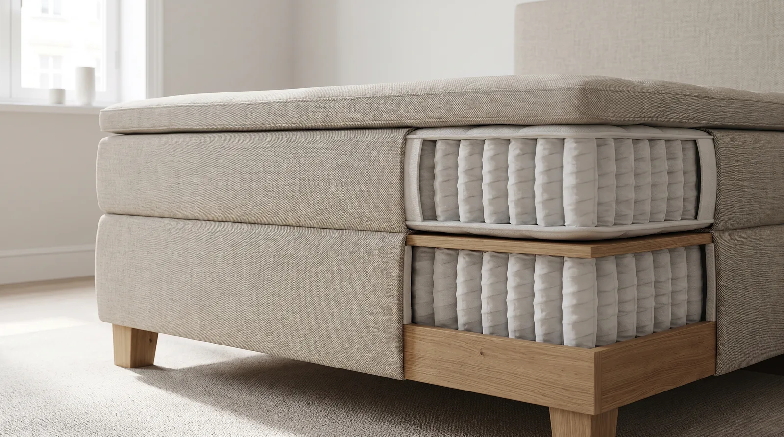 Seitlicher Querschnitt eines Boxspringbetts mit gefederter Box, Taschenfederkern-Matratze und Topper